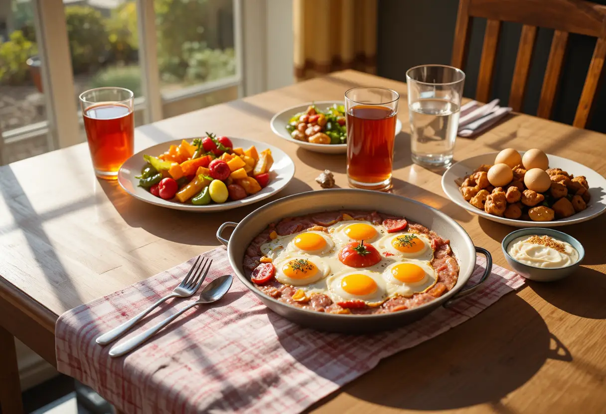 Sonniges Frühstück auf einem hellen morgendlichen Esstisch