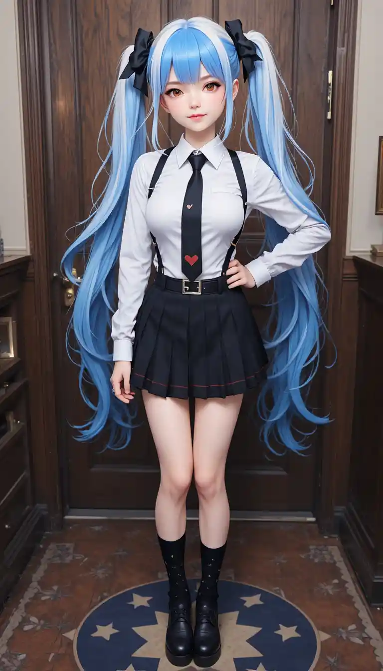 Smiling anime girl in school outfit standing indoors