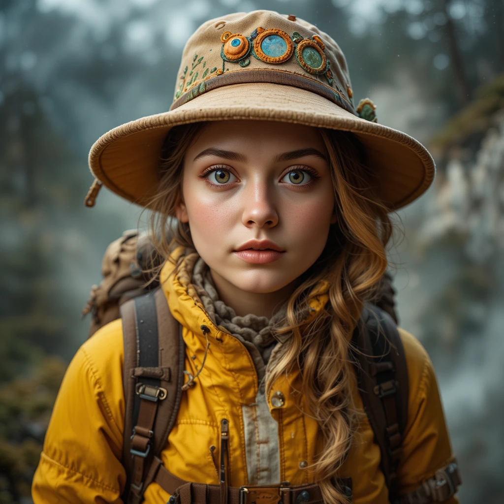 Young woman in yellow hiking outfit with backpack and hat