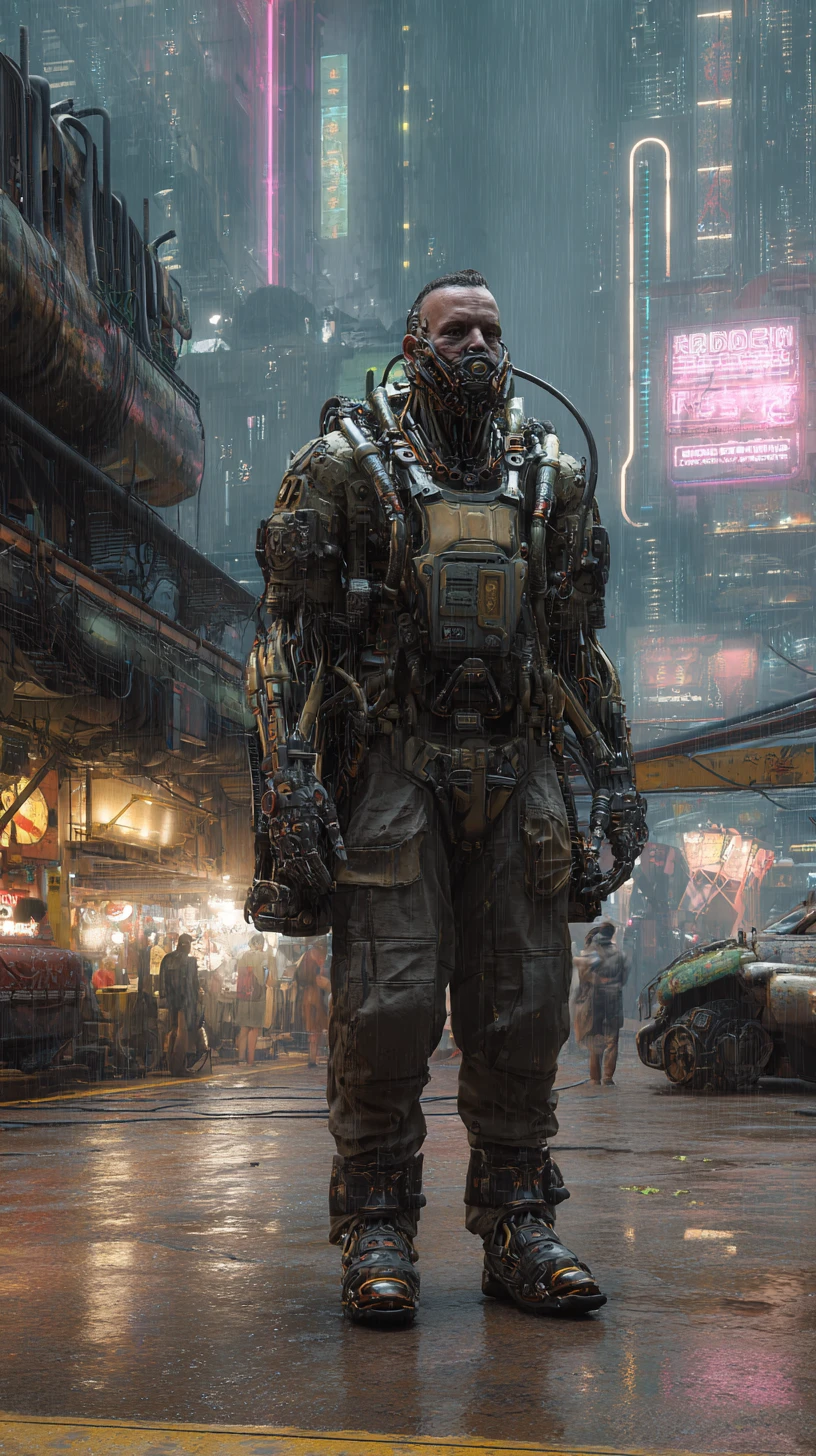 Ciborgue ameaçador em armadura pesada em uma cidade cyberpunk sombria