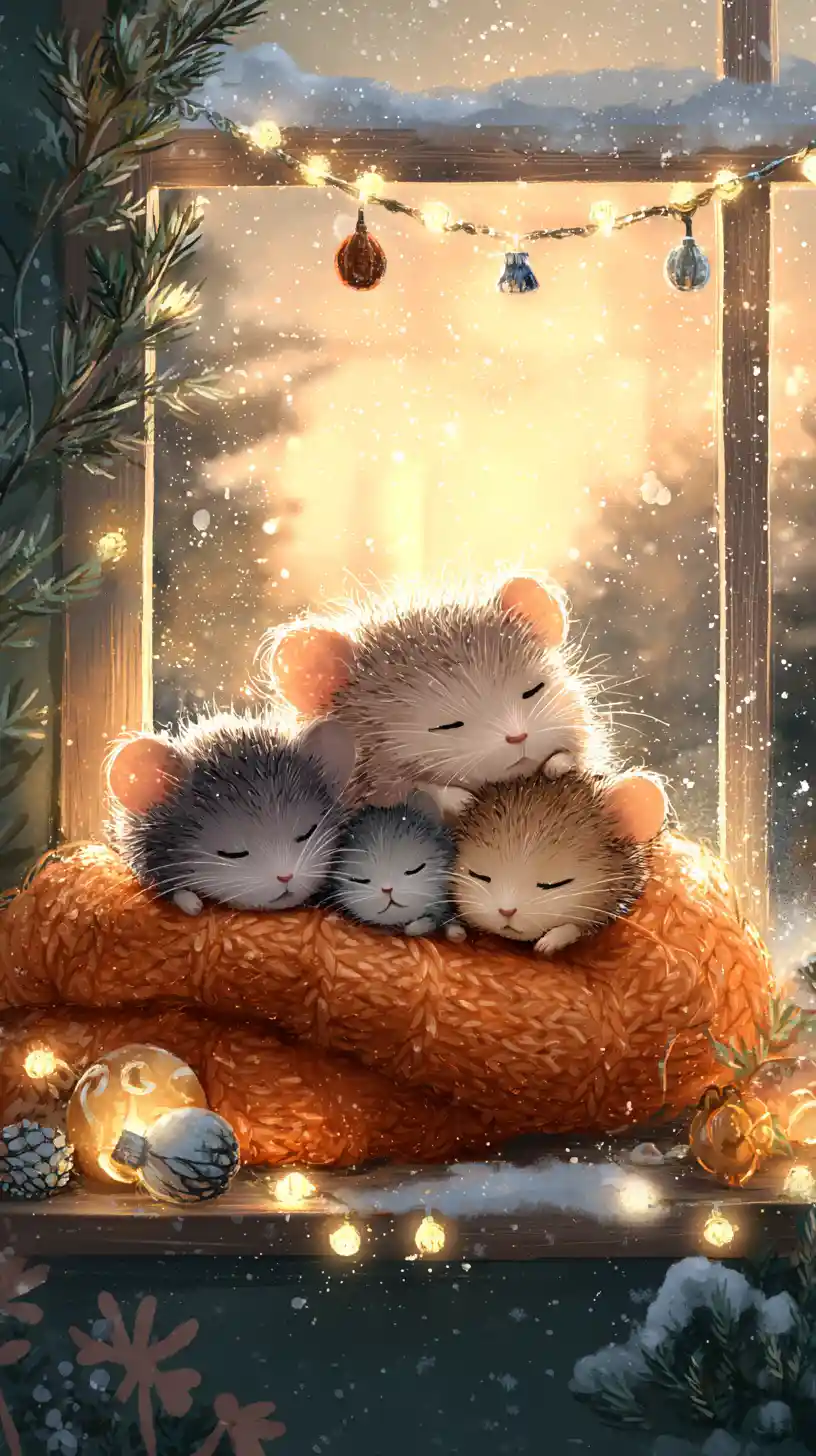 Cozy Mice Family Sleeping On Winter Windowsill
