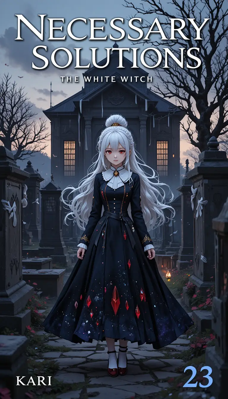 Weißhaariges Anime-Mädchen auf einem düsteren Fantasy-Friedhof