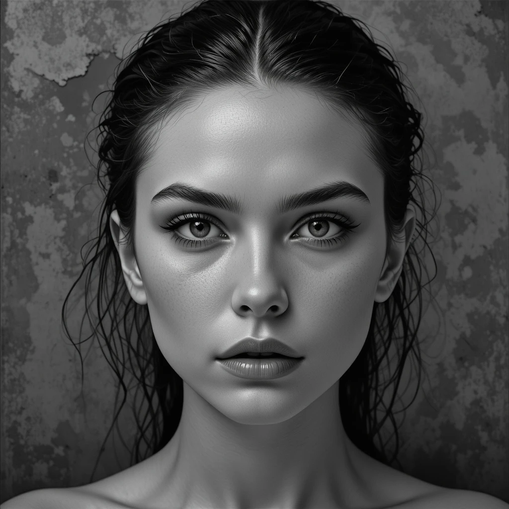 Retrato em tons de cinza sombrio de uma jovem com o cabelo molhado
