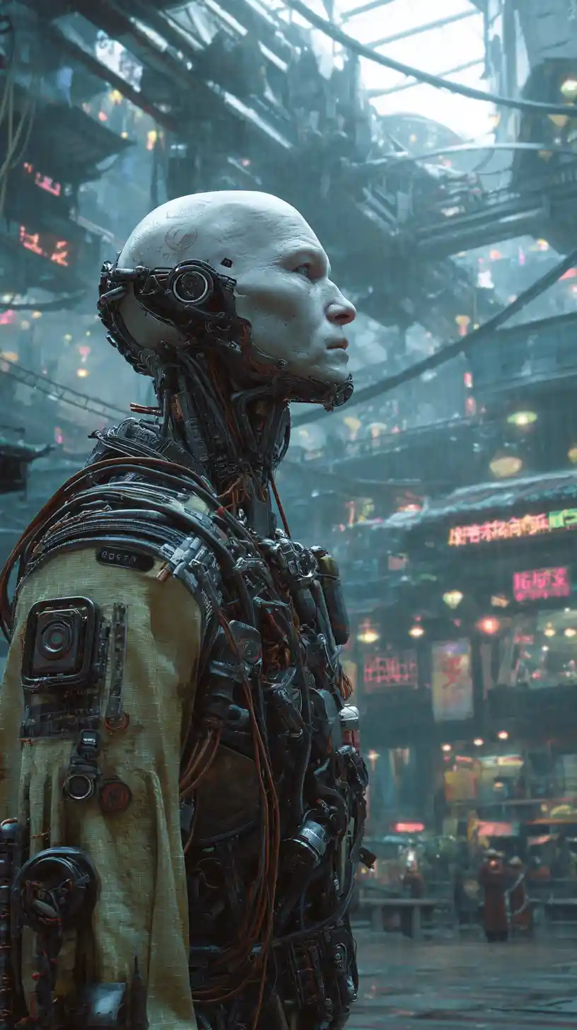 Ciborgue cyberpunk de corpo inteiro com armadura futurista sombria