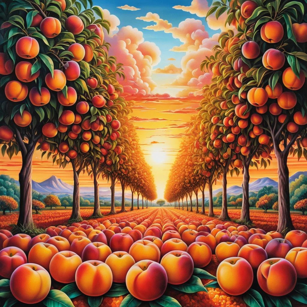 Surreal Nectarine Orchard At Sunrise In Glossy Summer Colors