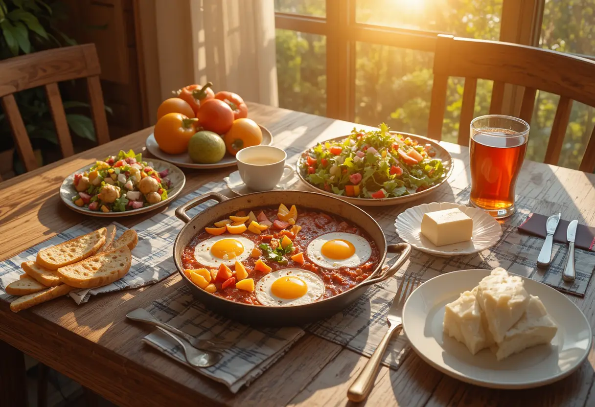 Sonniger Frühstückstisch mit Eiern, Salat und Tee