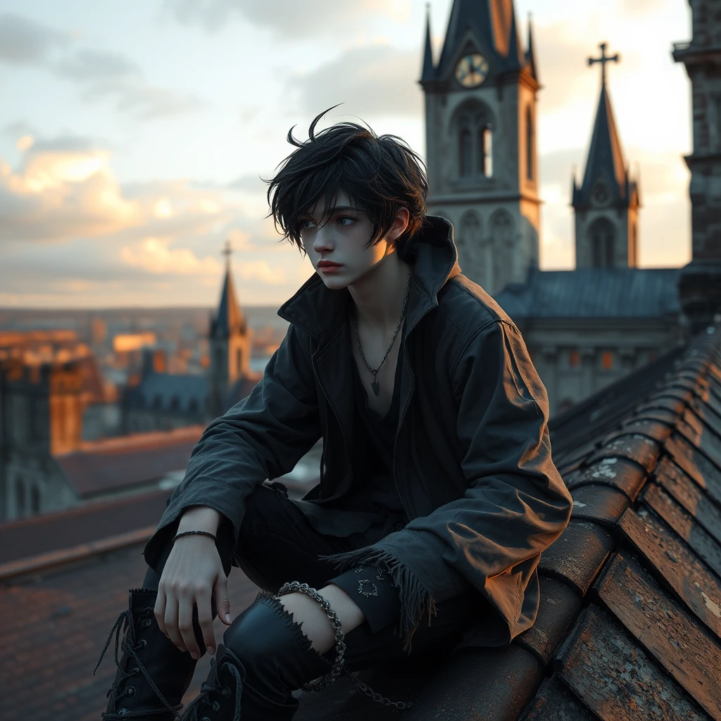Jovem vampiro sentado no telhado de uma igreja gótica ao pôr do sol