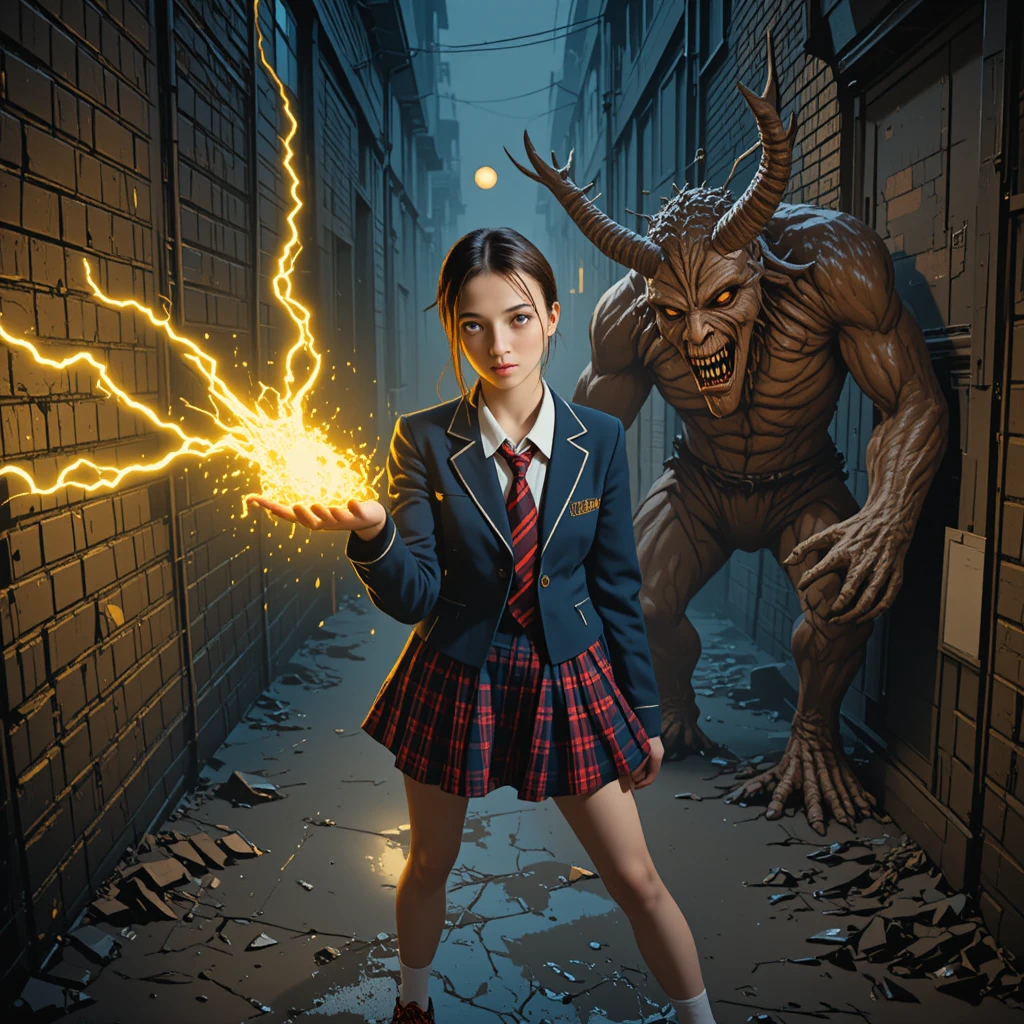 Schoolgirl summoner unleashing lightning at a horned demon