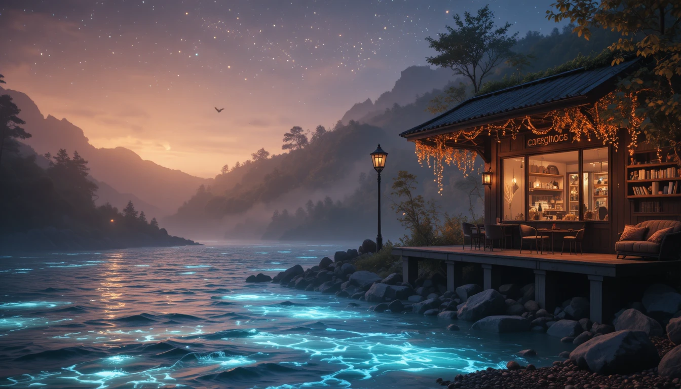 Bioluminescent coffee river flowing past glowing coffee beans
