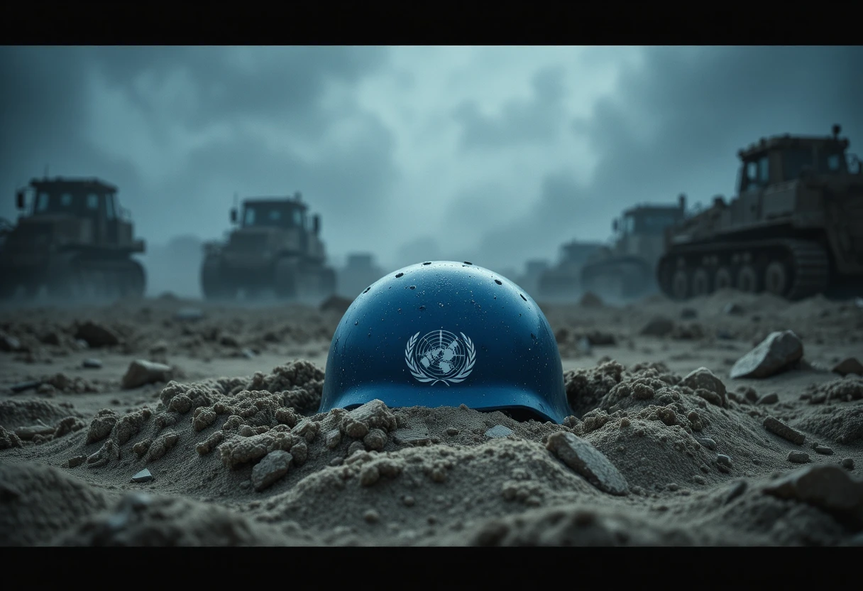 Casque de l'ONU s'enfonçant dans un sable sombre ravagé par la guerre