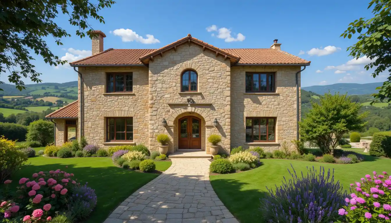 Elegant country house amid rolling green hills and flowers