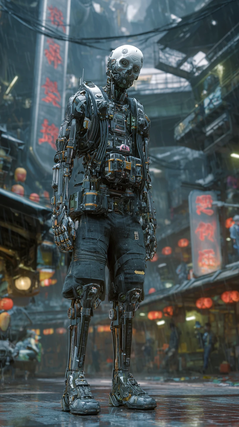 Ciborgue cyberpunk blindado com mandíbula mecânica ameaçadora
