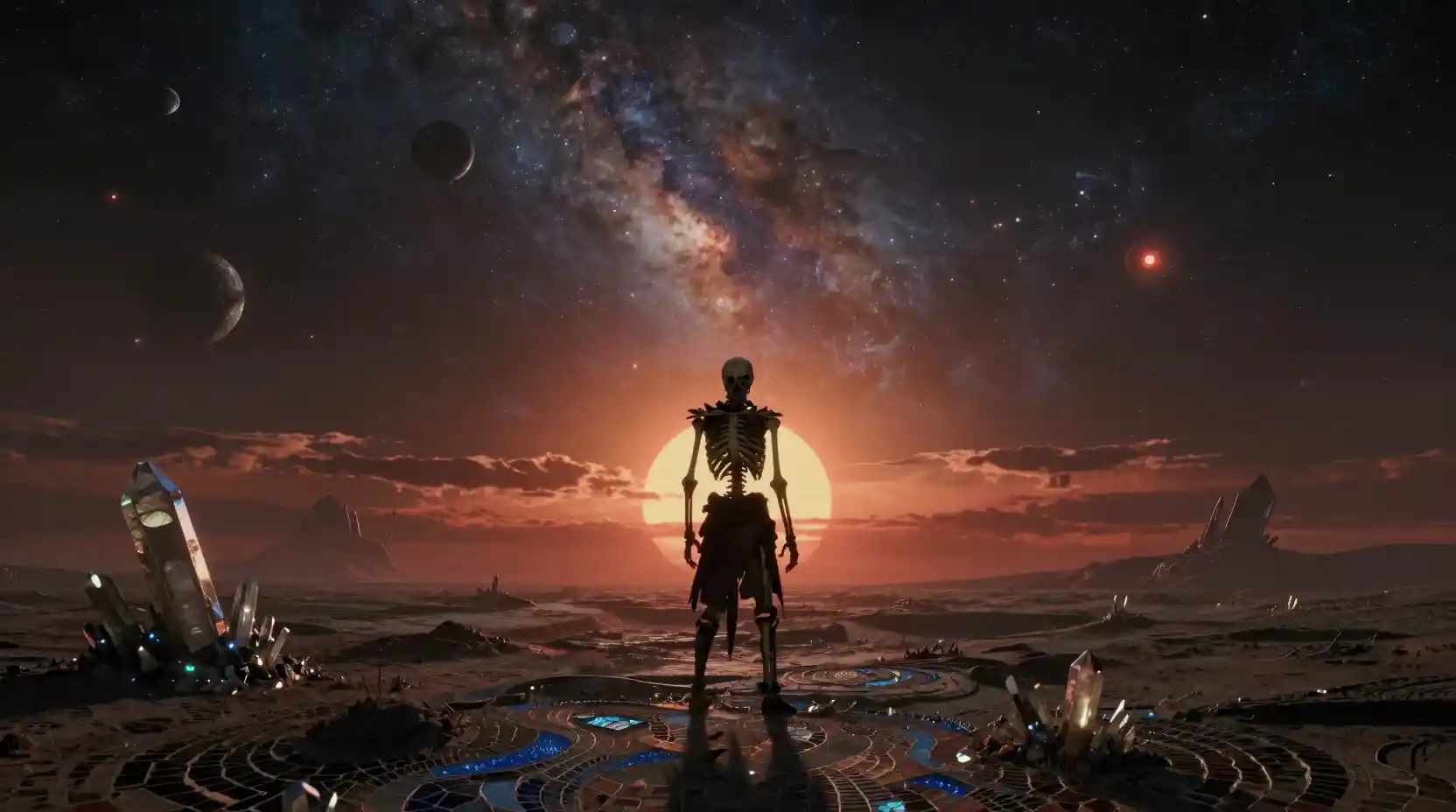 Lone skeleton warrior on an alien world at binary sunset