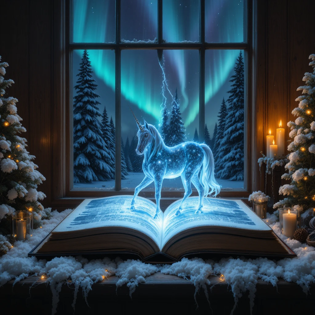 Magisches Einhorn, das im Winter aus einem alten Buch aufsteigt