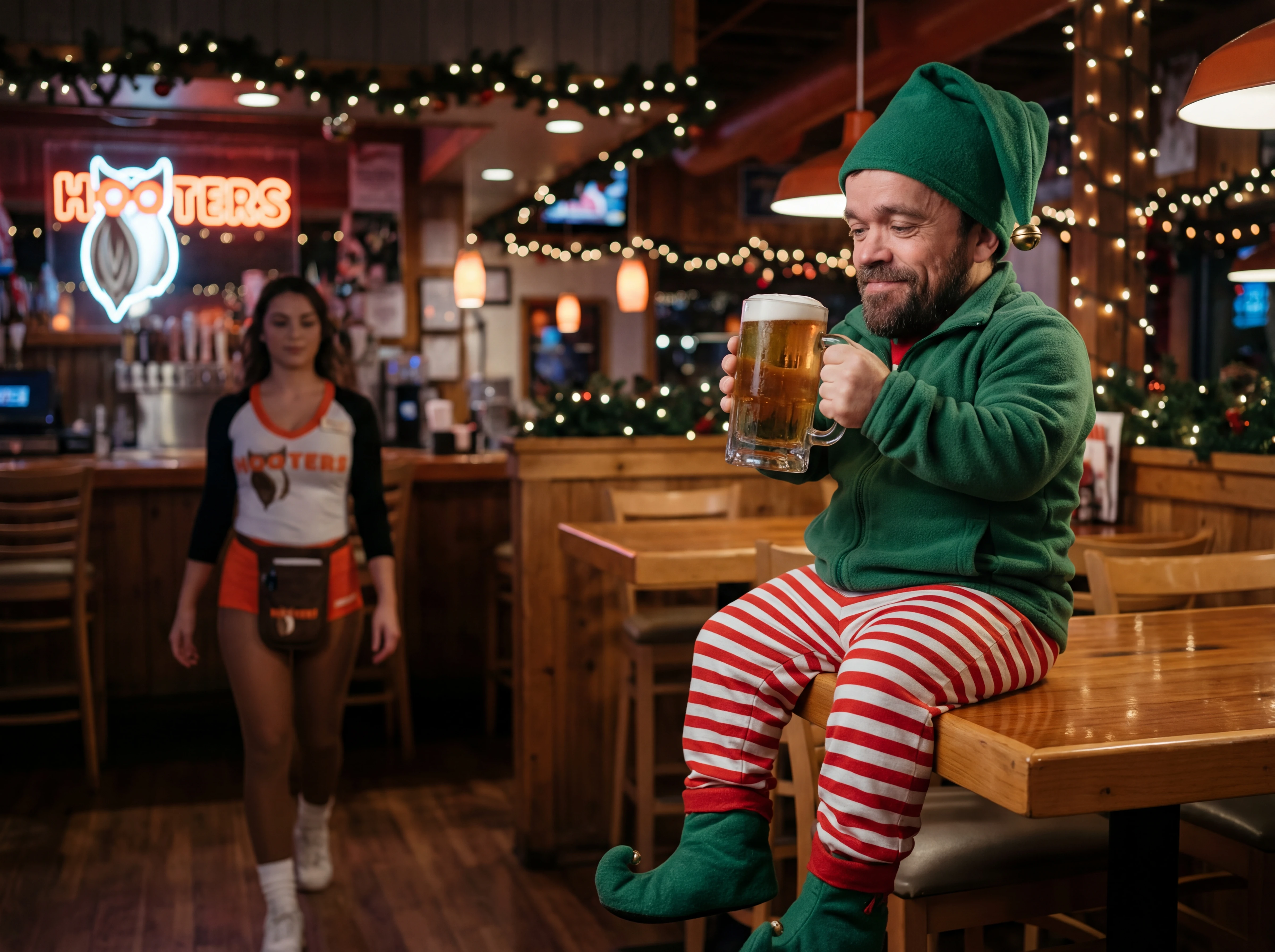 Elfo navideño con jarra de cerveza en un restaurante acogedor