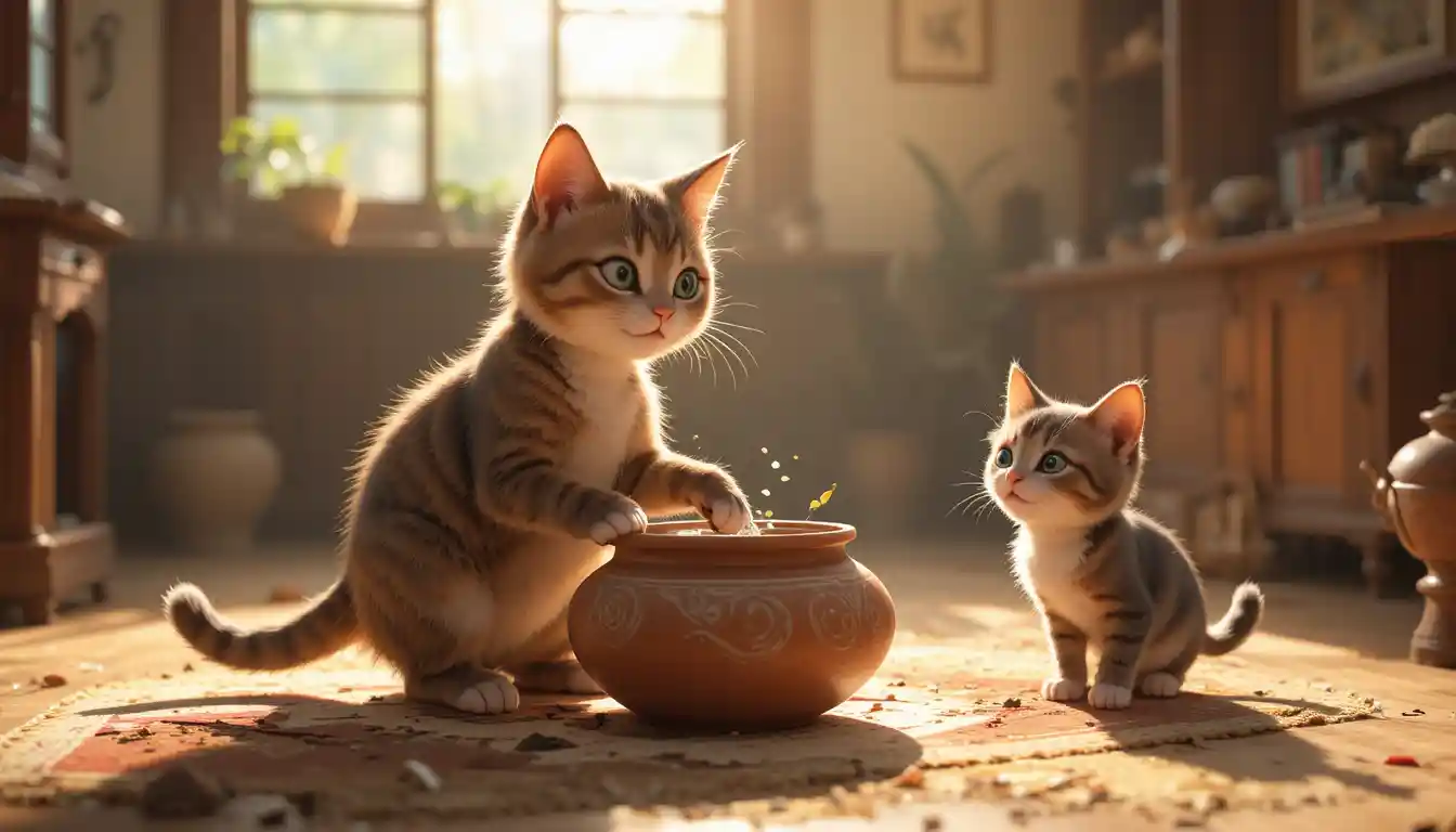 Mother cat and kitten carrying a water pot home