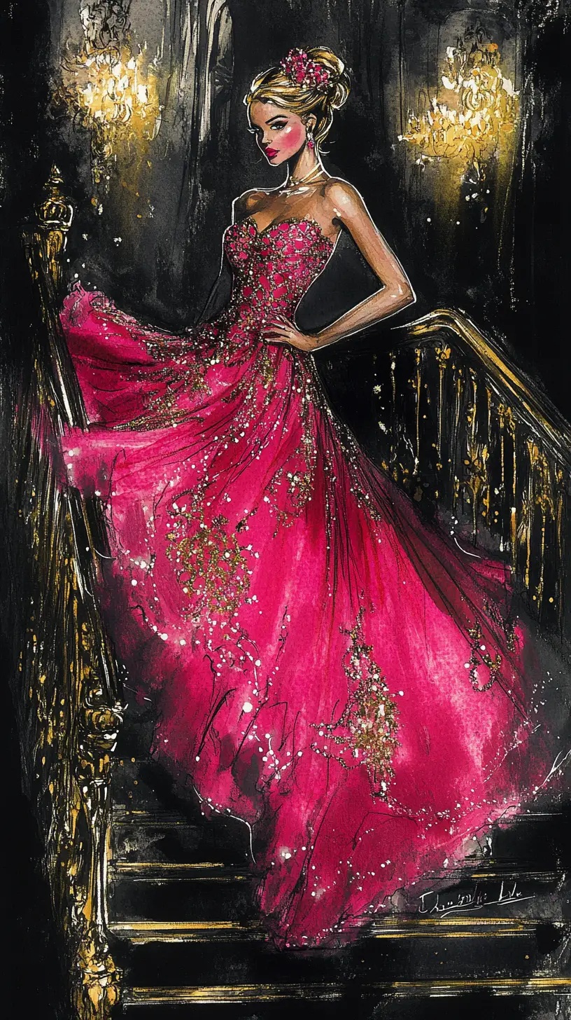 Mulher glamourosa em vestido rosa em grande escadaria ornamentada