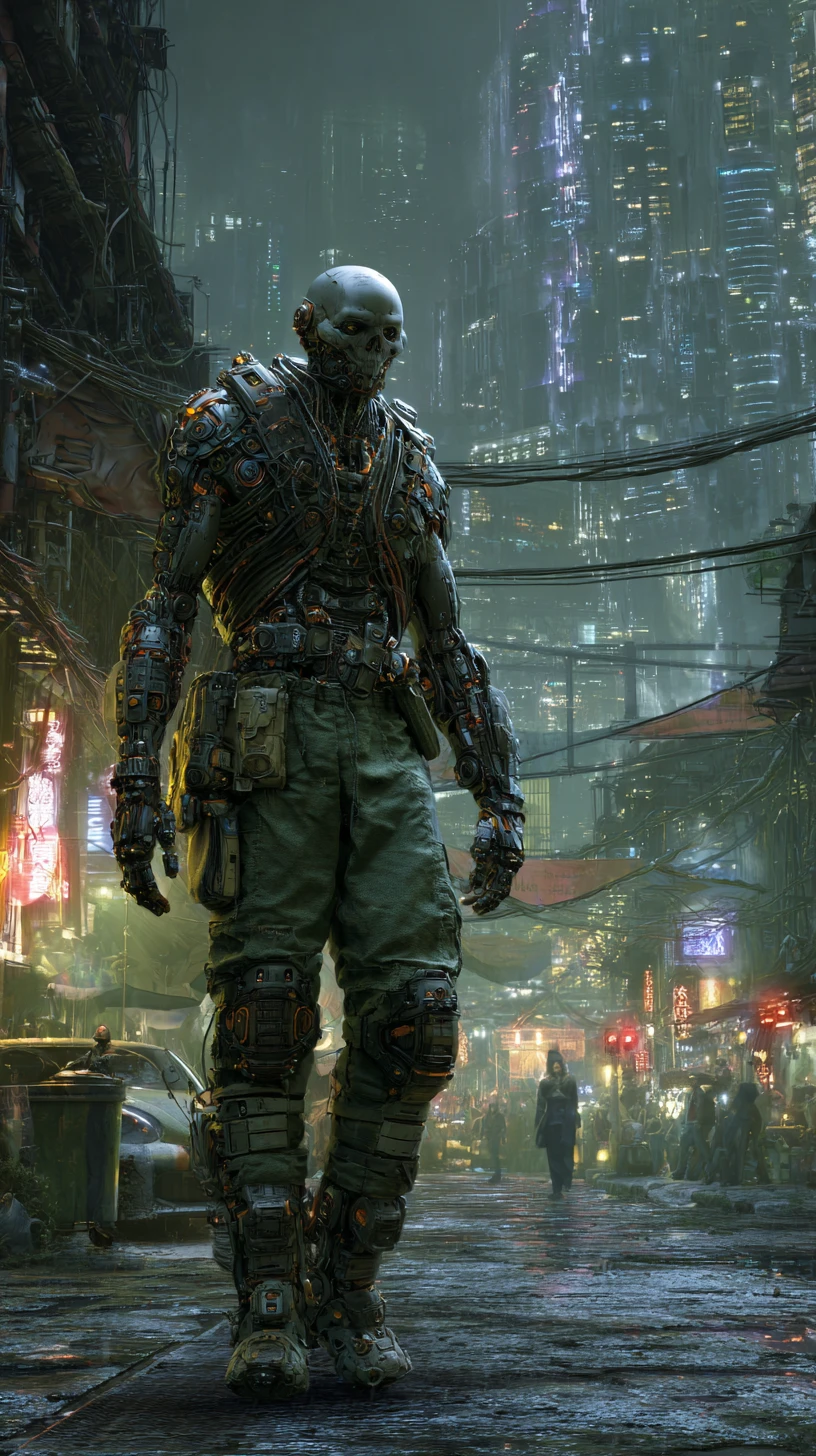 Zumbi ciborgue cyberpunk de corpo inteiro com armadura tática