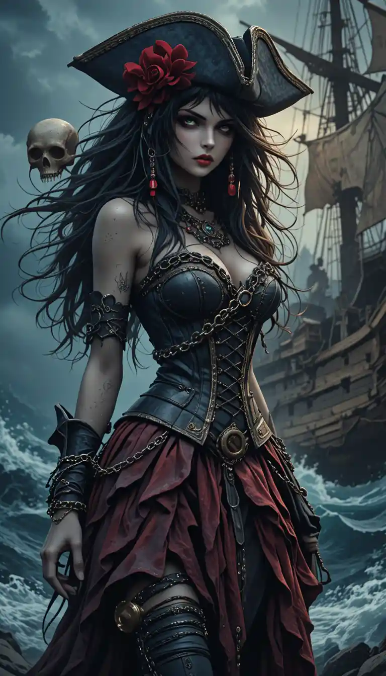 Pirate maiden captain holding a skull on a stormy deck
