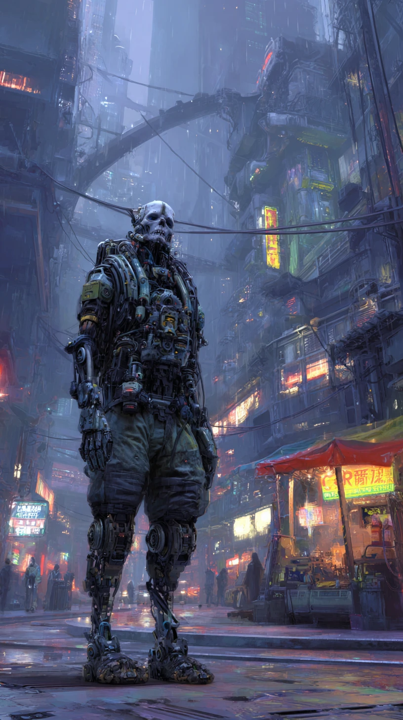 Guerreiro ciborgue em armadura tática em rua cyberpunk sombria