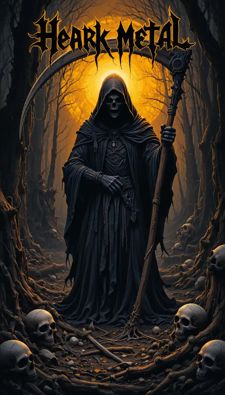 Grim reaper with scythe in a dark glowing forest