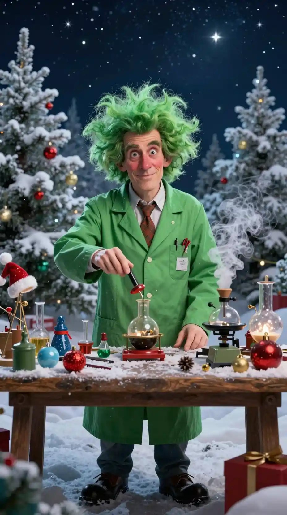 Exzentrischer Weihnachtswissenschaftler im verschneiten Waldlabor