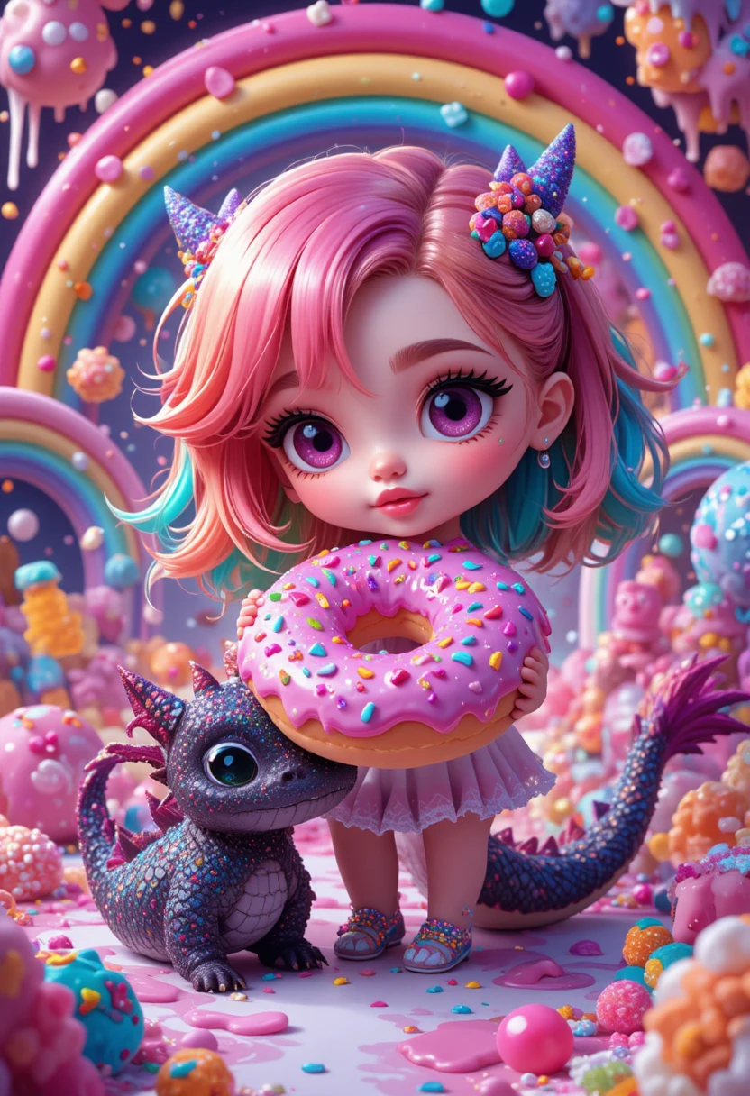 Chibi-Mädchen mit Regenbogenhaar hält einen riesigen rosa Donut