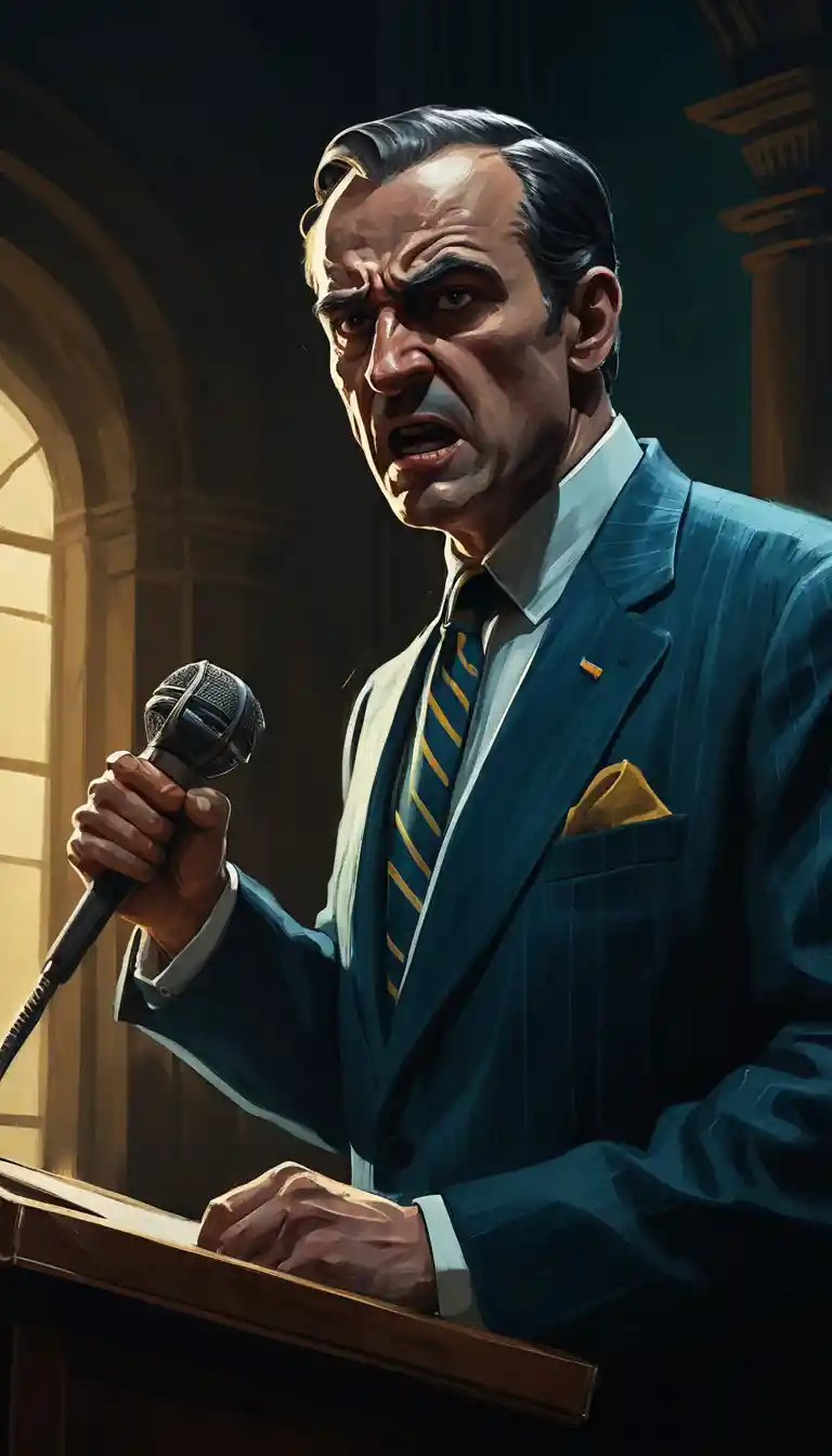 Angry political leader shouting from a podium at night