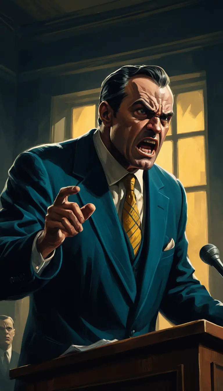 Furious political leader shouting behind vintage microphones at night
