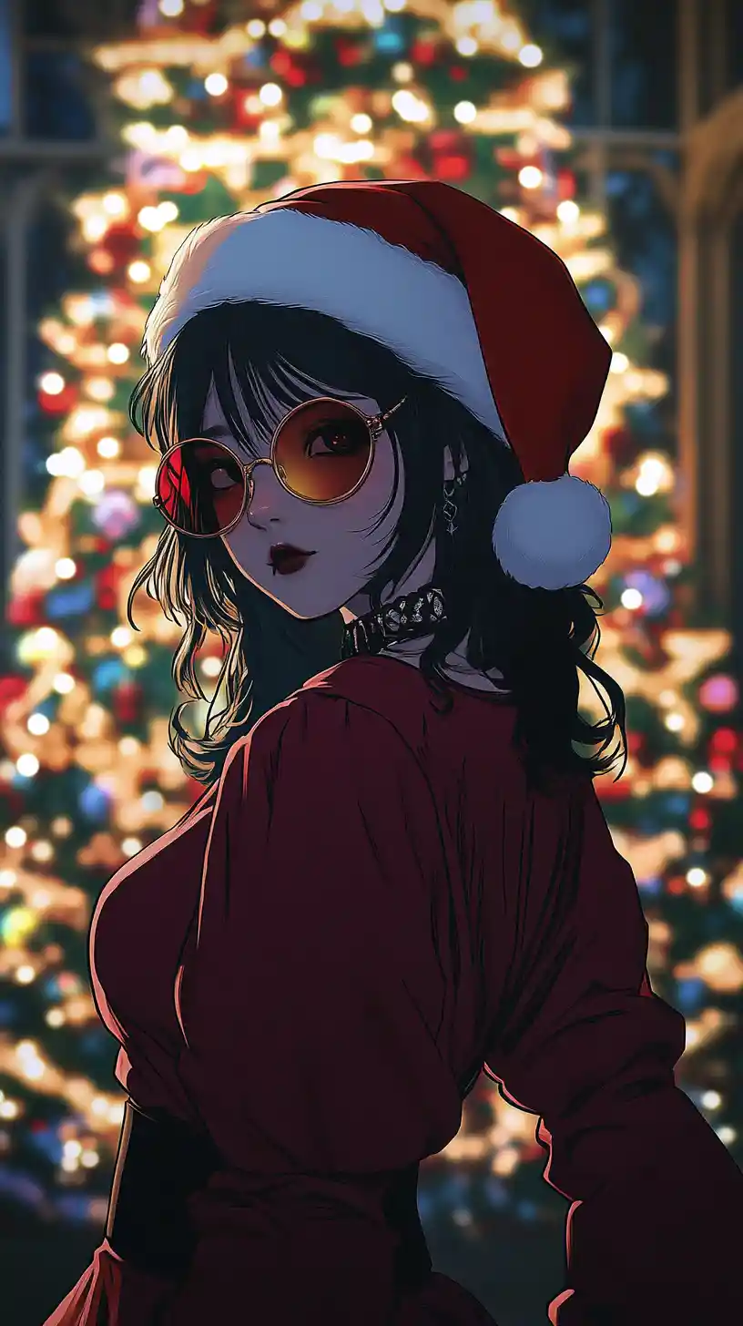 Ragazza anime goth versione Babbo Natale con occhiali da sole accanto a un albero di Natale scuro