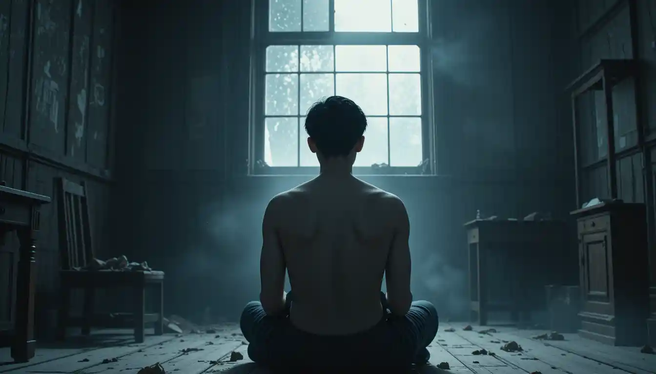 Young man in a dark room under cold window light
