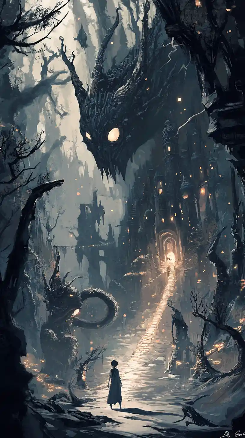 Young hero in a dark atmospheric fantasy cityscape