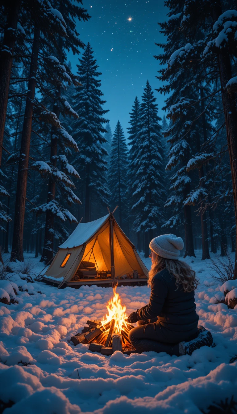 Girl by a winter campfire in a quiet snowy forest