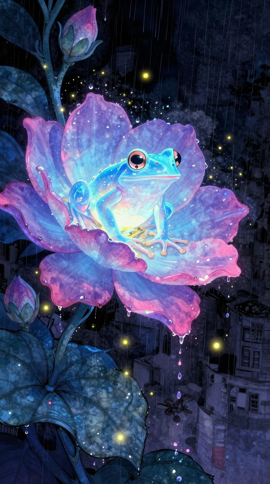 Rana bioluminescente brillante tra flora notturna luminosa