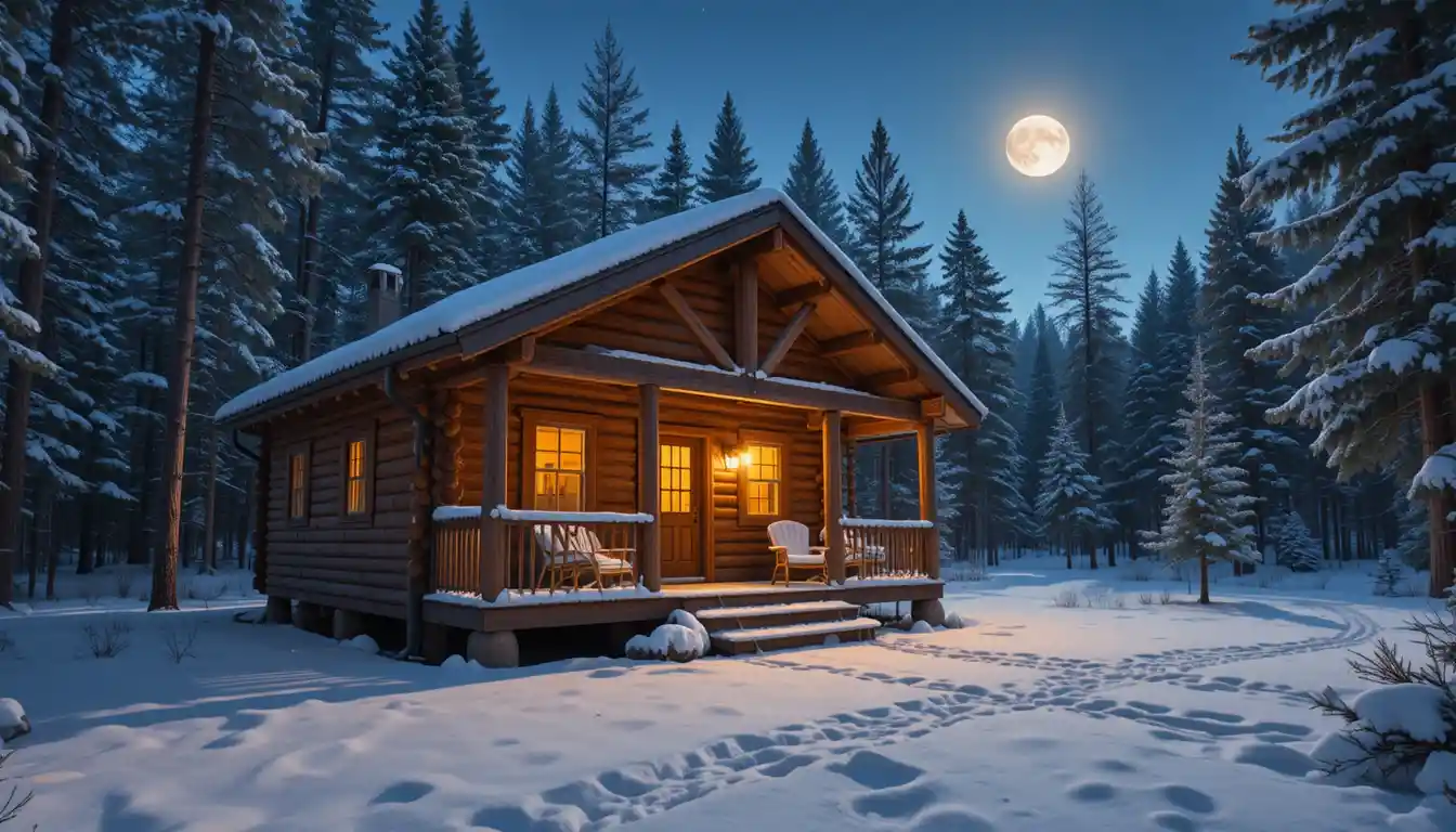 Aconchegante cabana de madeira brilhando suavemente em uma noite de floresta nevada