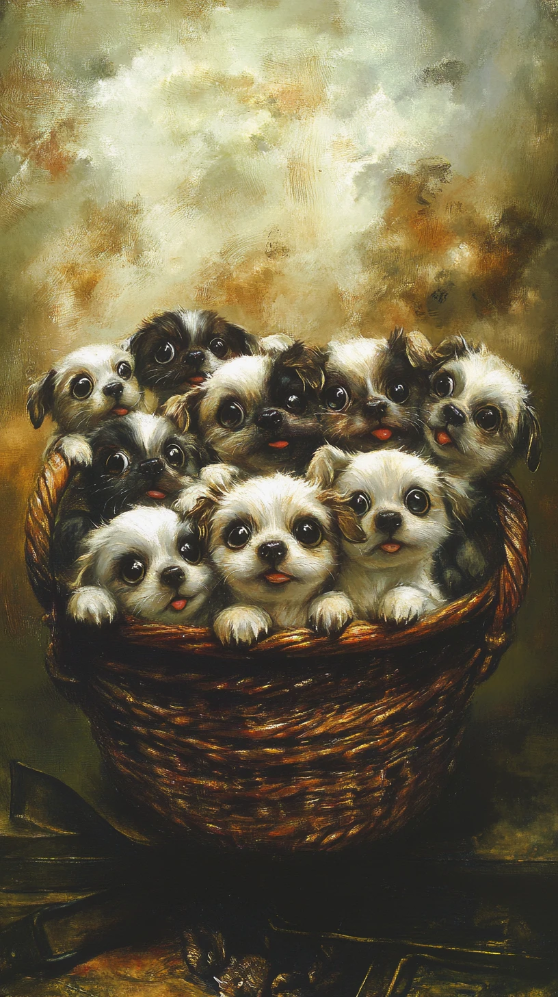Panier surréaliste de chiots avec rétroéclairage abstrait scintillant