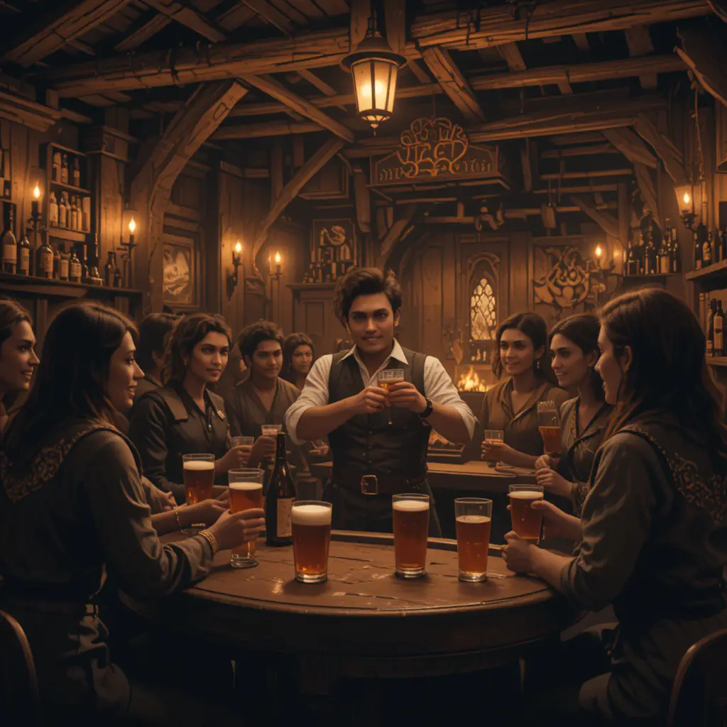 Accogliente taverna rustica con calda atmosfera illuminata dal fuoco