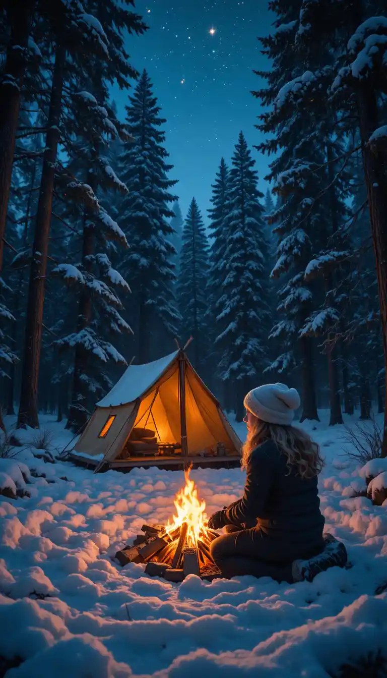 Girl by a winter campfire in a quiet snowy forest