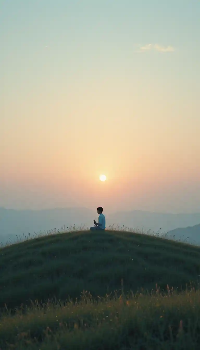Lone figure resting on a hill under a pastel sunset sky