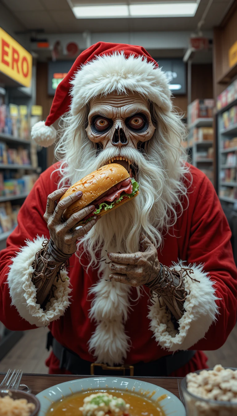 Père Noël zombie mangeant un sandwich sub dans une boutique de héros animée