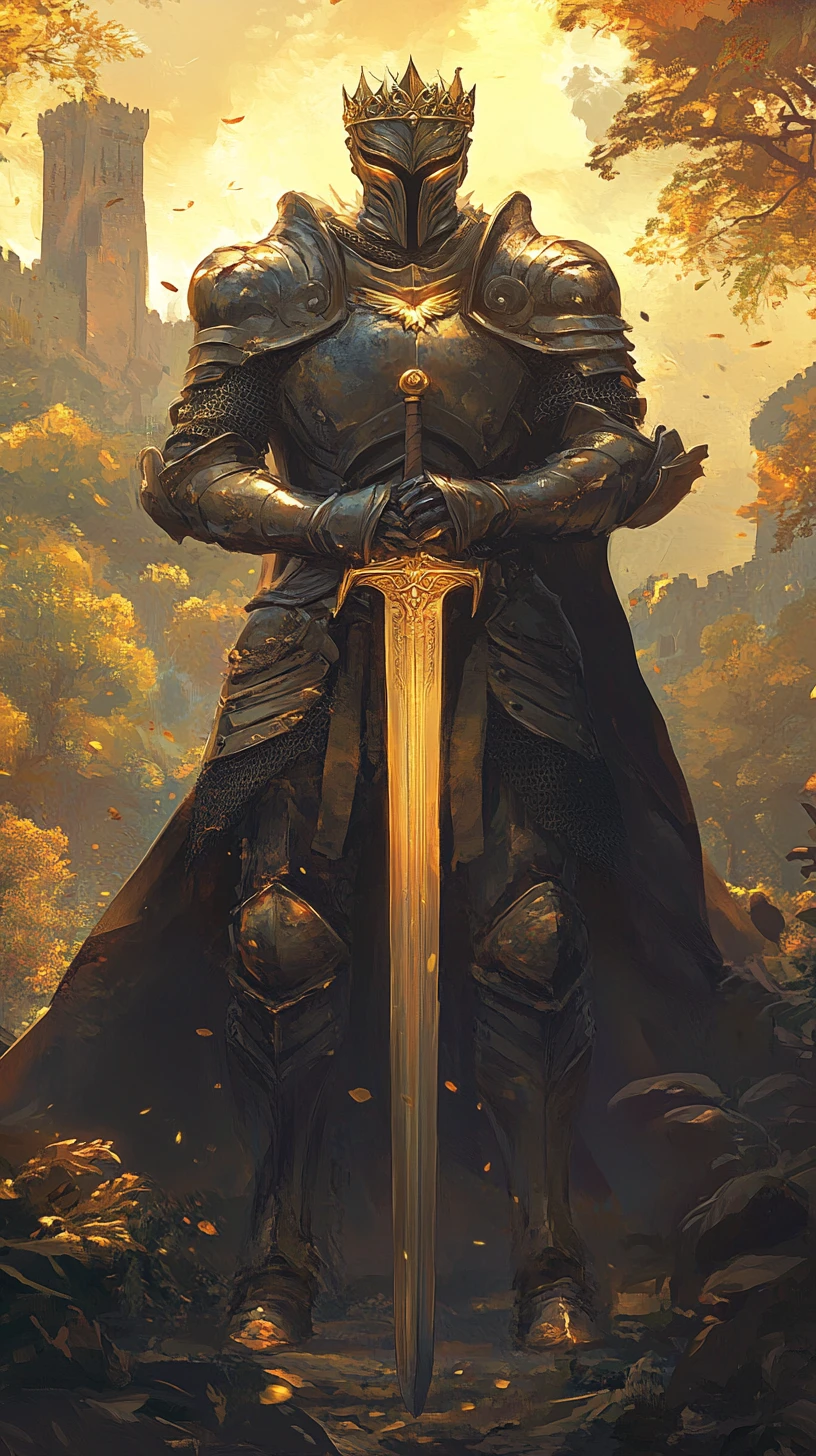 Majestätischer Fantasie-Ritter in einer goldenen Anime-Landschaft