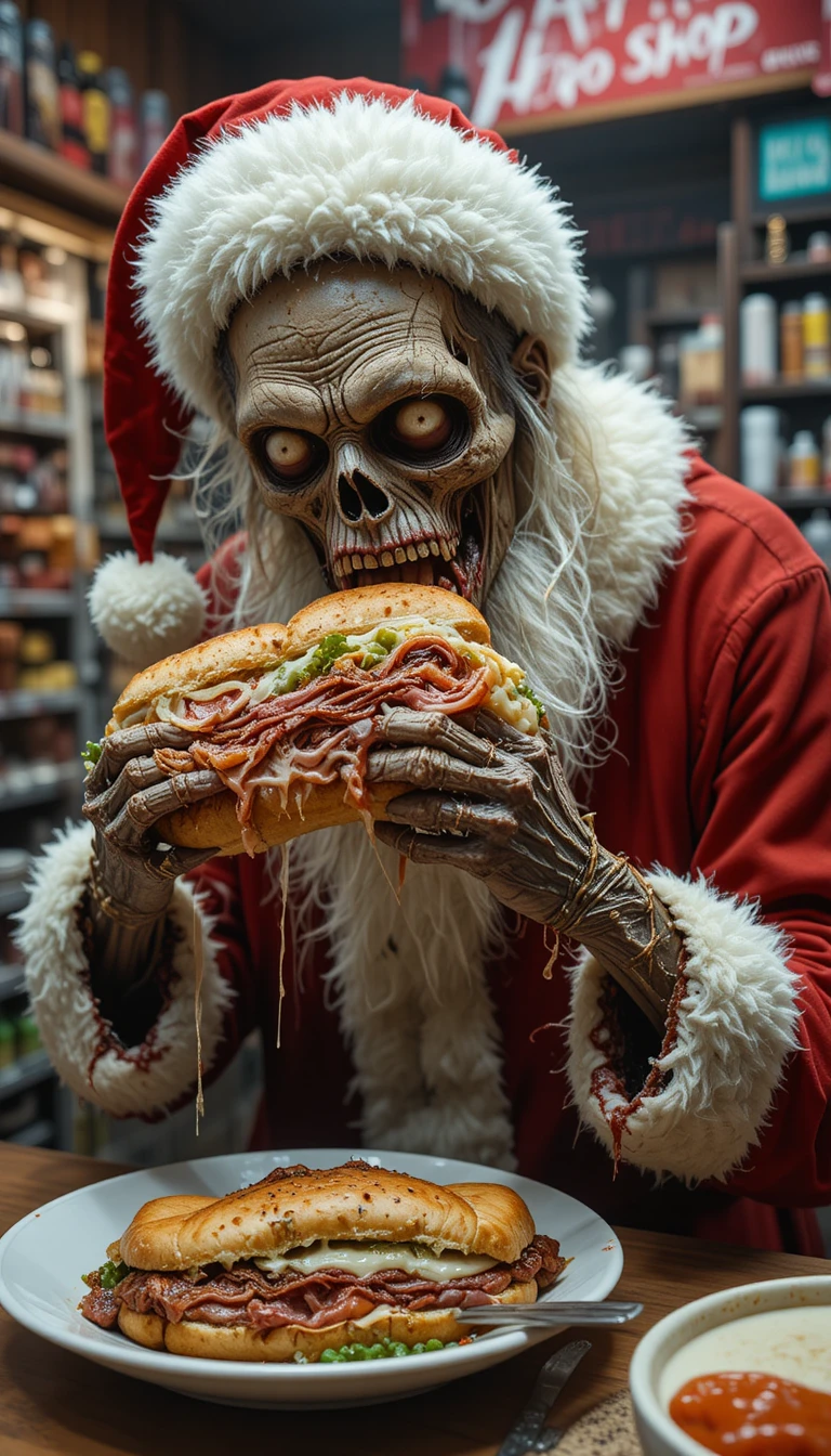 Zombie-Weihnachtsmann isst ein U-Boot-Sandwich im Delishop