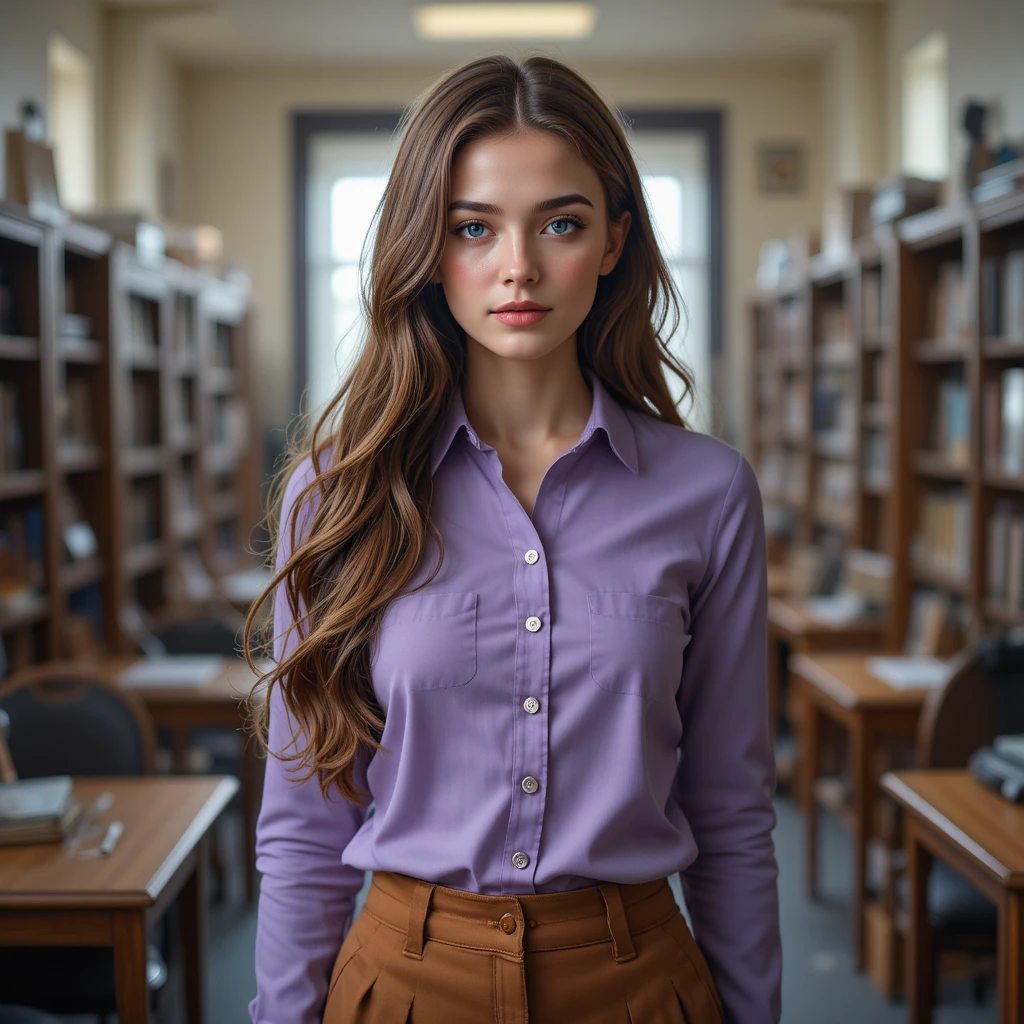 柔和光線下站在大學教室裡的年輕女子