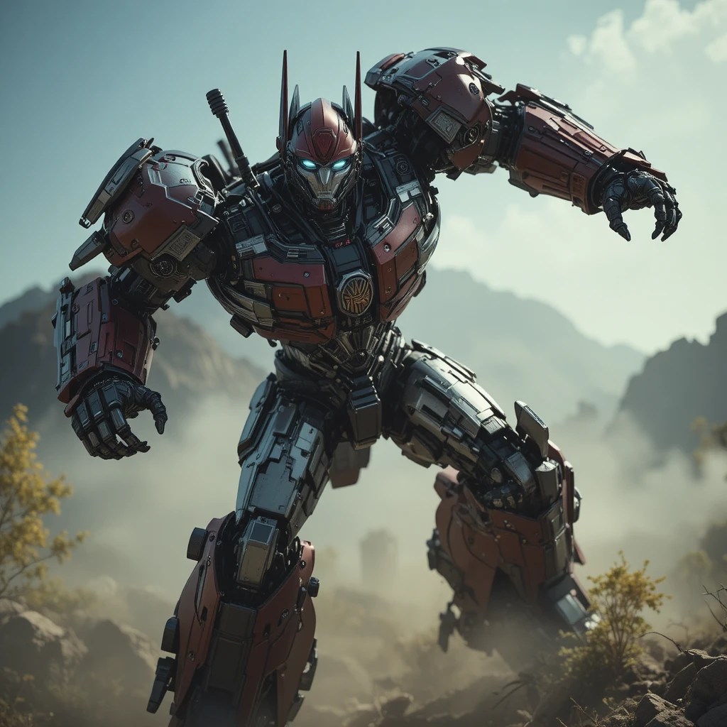 Lutador mecha cinematográfico bordô feito com peças de muscle car
