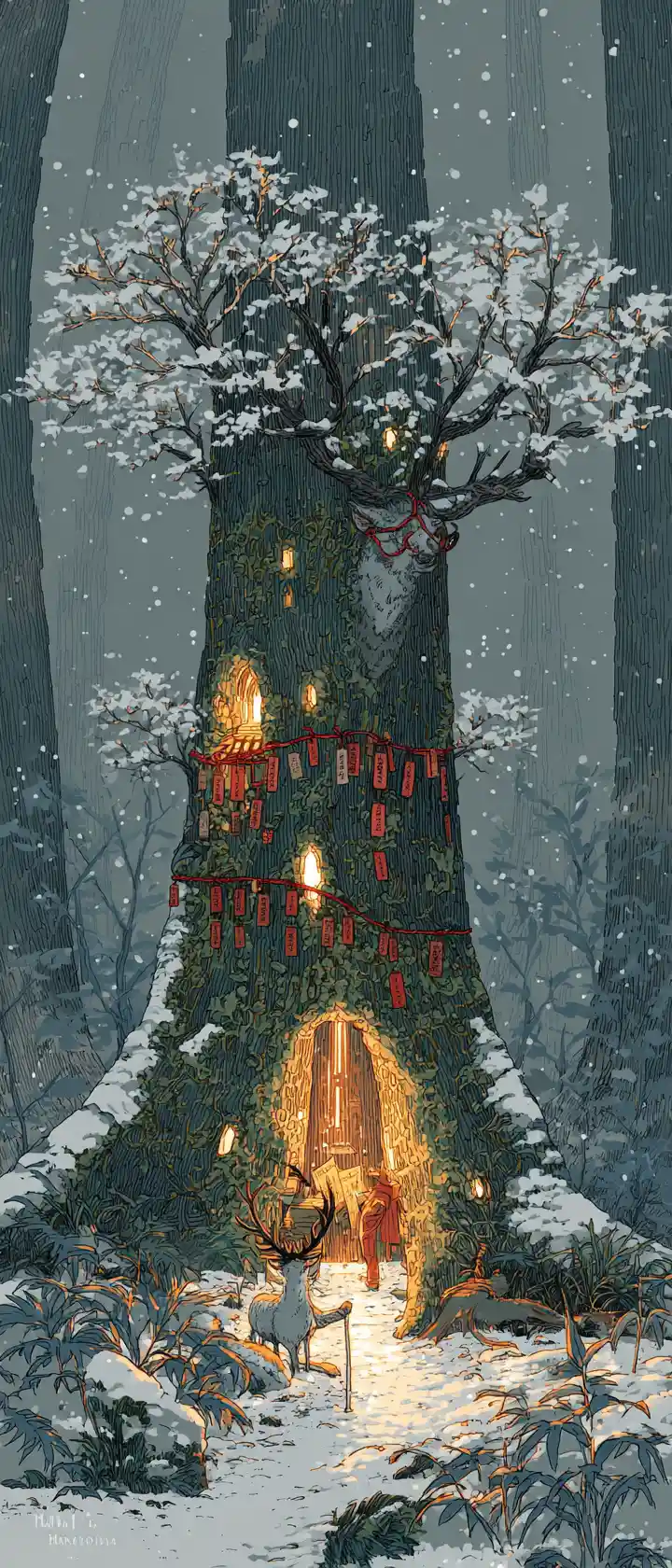 Ancient hollow tree sanctuary glowing in a snowy forest