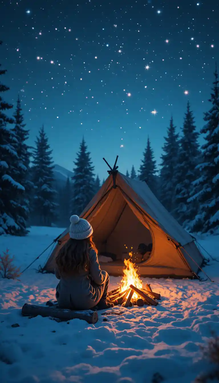 Mädchen am warmen Lagerfeuer in einer sternenklaren Winternacht