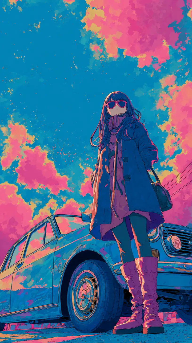 Anime-Mädchen in Wintermode neben einem Retro-Stadtauto