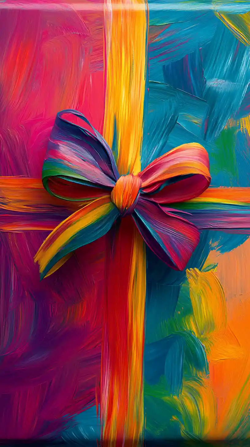 Colorful painted gift box wrapped with a thin uneven bow