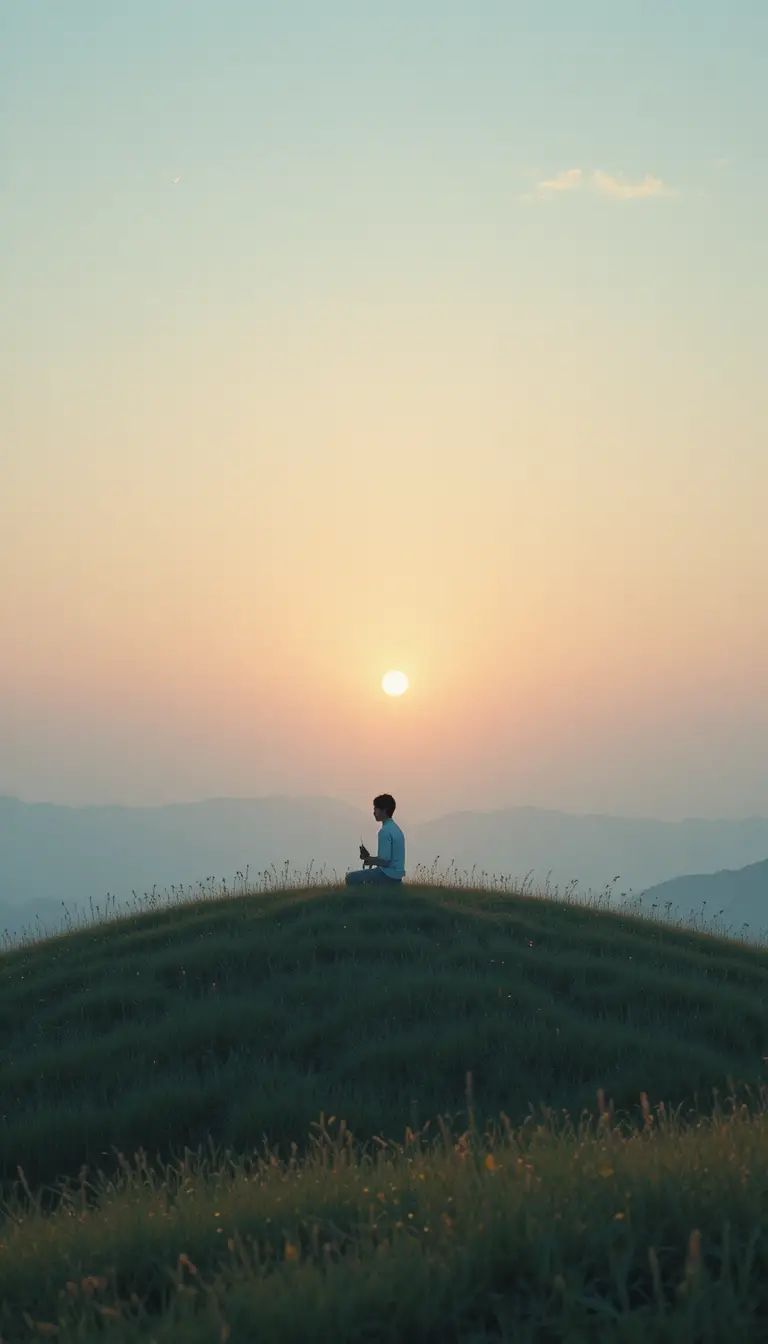 粉彩夕陽天空下，獨自歇息在小山丘上的身影