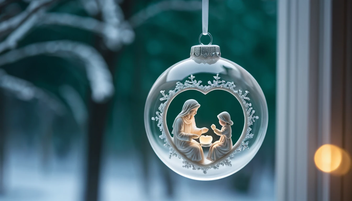 Decorazione natalizia in vetro con madre e bambino che brilla alla finestra